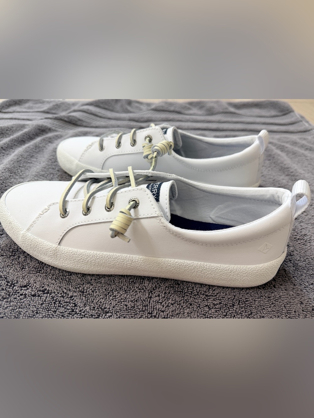 Sperry White Low-Top Leather Sneakers with Cream Lace Accents